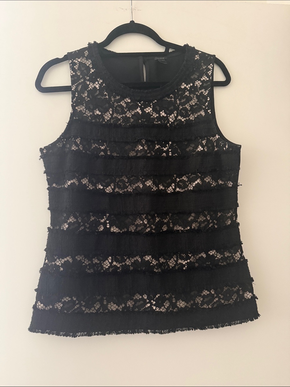 J Crew black lace and fringe sleeveless top